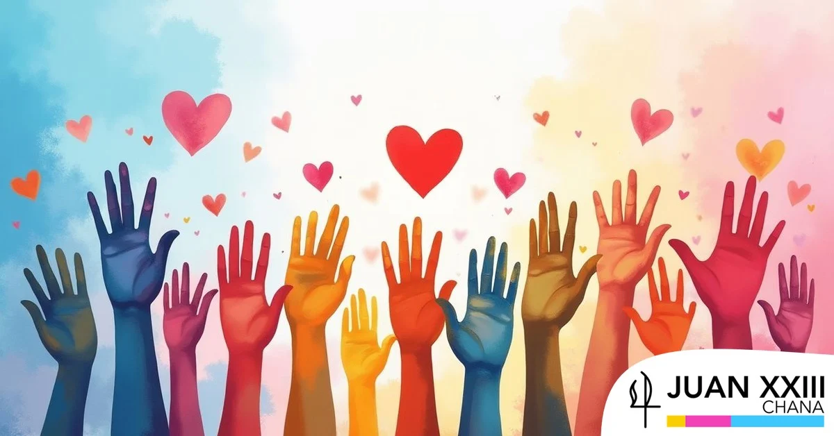 Manos alzadas con corazones, ilustración de aportaciones voluntarias de Juan XXIII Chana
