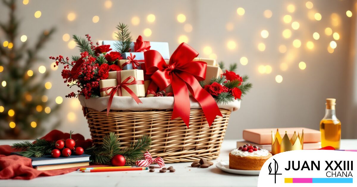 Cesta de mimbre con lazo rojo llena de regalos, flores, libros y material escolar junto a un roscón y una corona de Reyes