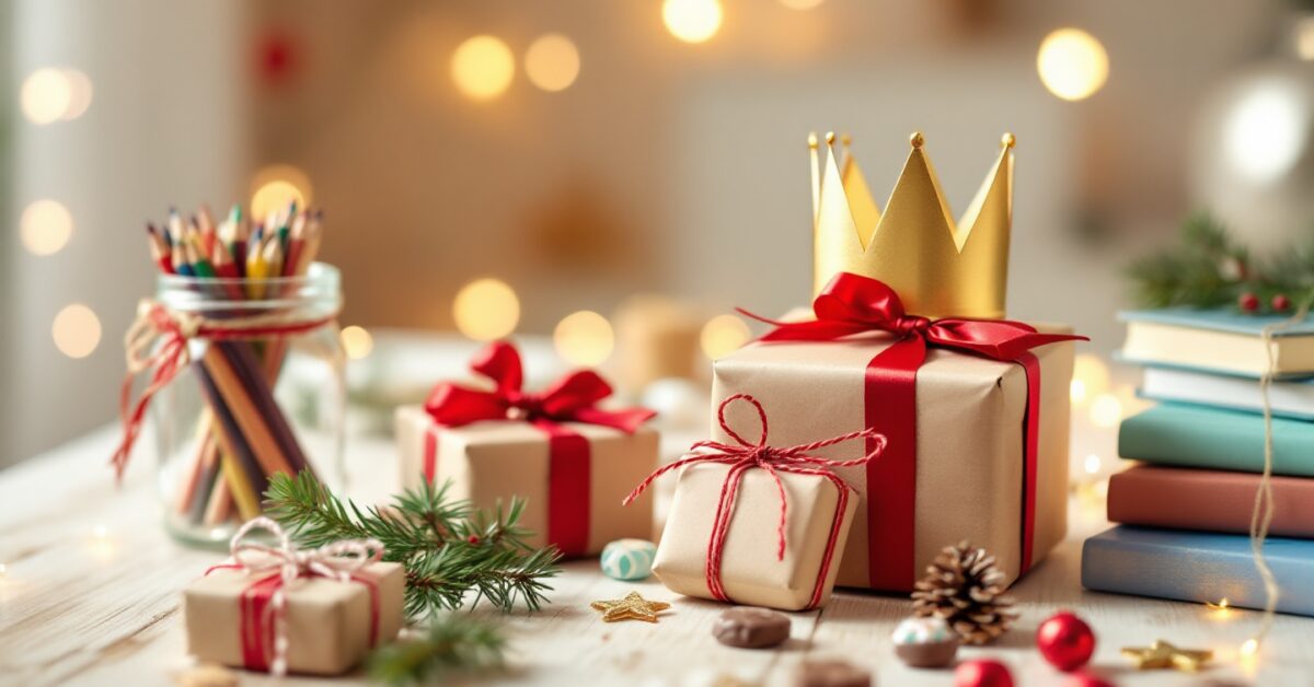 Regalos envueltos con lazos rojos, una corona dorada de Reyes, lápices de colores y libros sobre una mesa